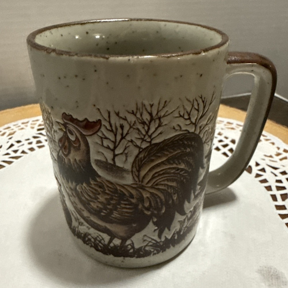 Vintage Otagiri Japan Rooster Hen Barn Stoneware Coffee Mug Farmhouse 3-3/4"